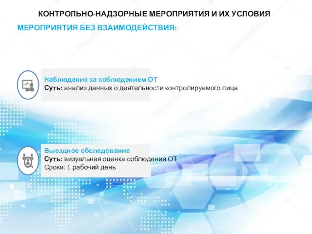 Наблюдение за соблюдением ОТ Суть: анализ данных о деятельности контролируемого лица Выездное