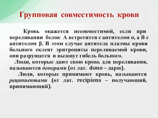 Кровь окажется несовместимой, если при переливании белок А встретится с антителом α,