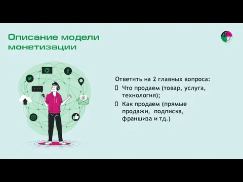 Ответить на 2 главных вопроса: Что продаем (товар, услуга, технология); Как продаем