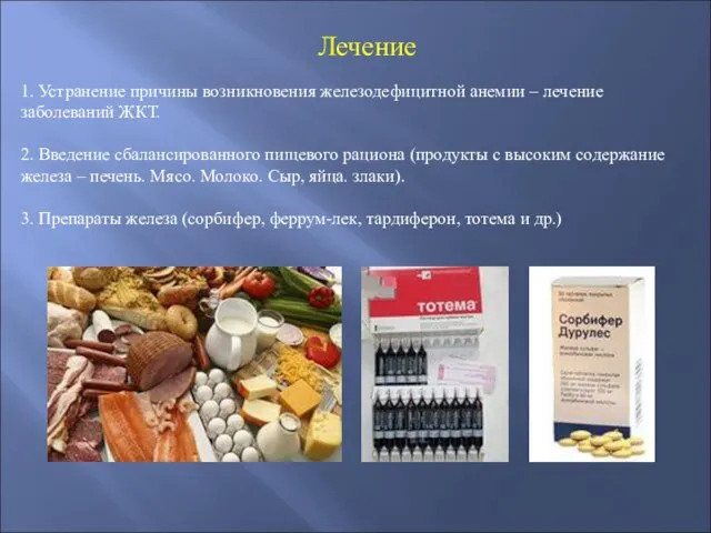 Лечение 1. Устранение причины возникновения железодефицитной анемии – лечение заболеваний ЖКТ. 2.