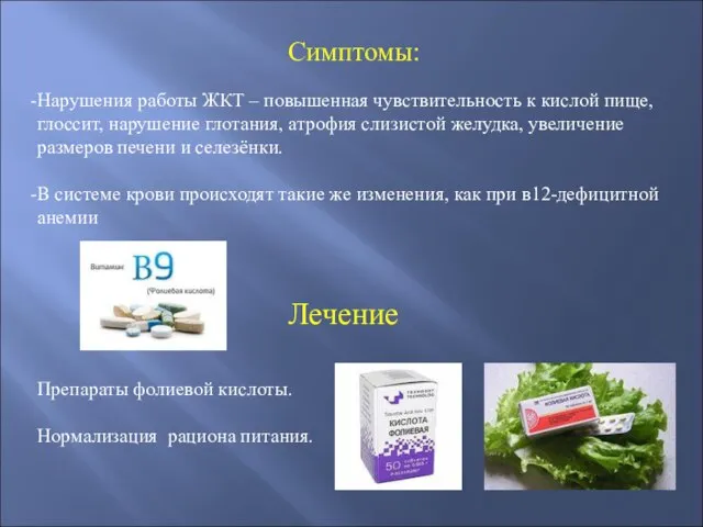 Симптомы: Нарушения работы ЖКТ – повышенная чувствительность к кислой пище, глоссит, нарушение