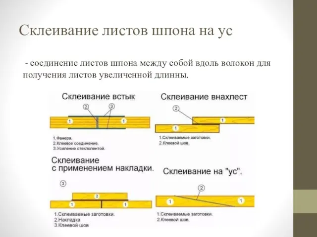 Склеивание листов шпона на ус - соединение листов шпона между собой вдоль