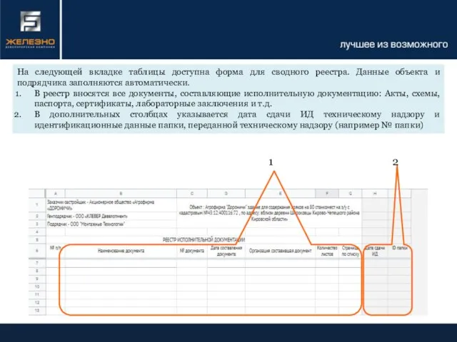 На следующей вкладке таблицы доступна форма для сводного реестра. Данные объекта и