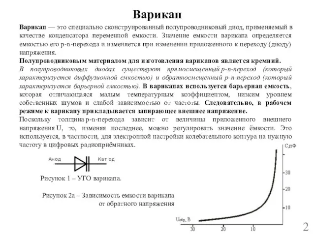 Варикап 2 Варикап — это специально сконструированный полупроводниковый диод, применяемый в качестве