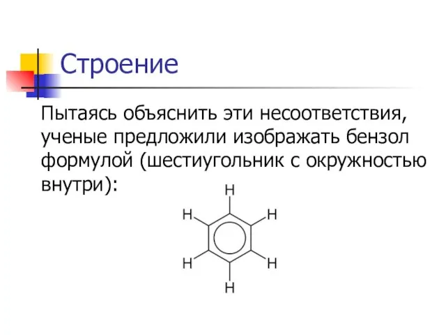 Строение Пытаясь объяснить эти несоответствия, ученые предложили изображать бензол формулой (шестиугольник с окружностью внутри):