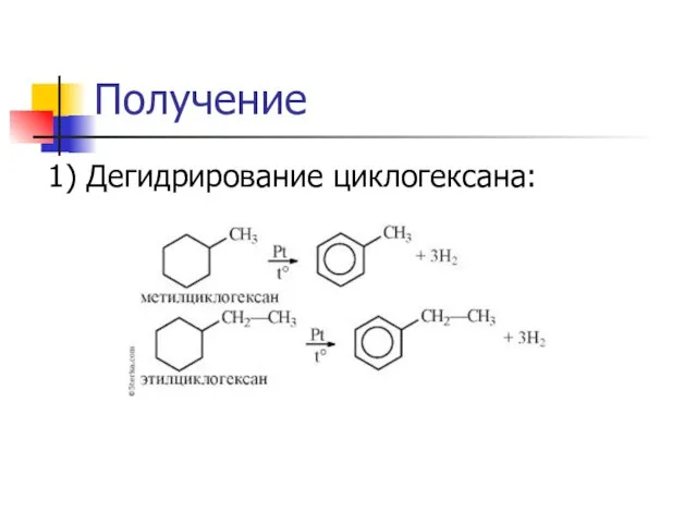 Получение 1) Дегидрирование циклогексана: