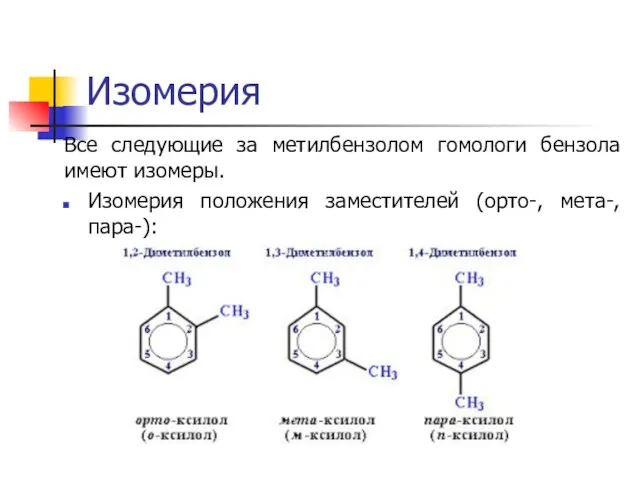 Изомерия Все следующие за метилбензолом гомологи бензола имеют изомеры. Изомерия положения заместителей (орто-, мета-, пара-):