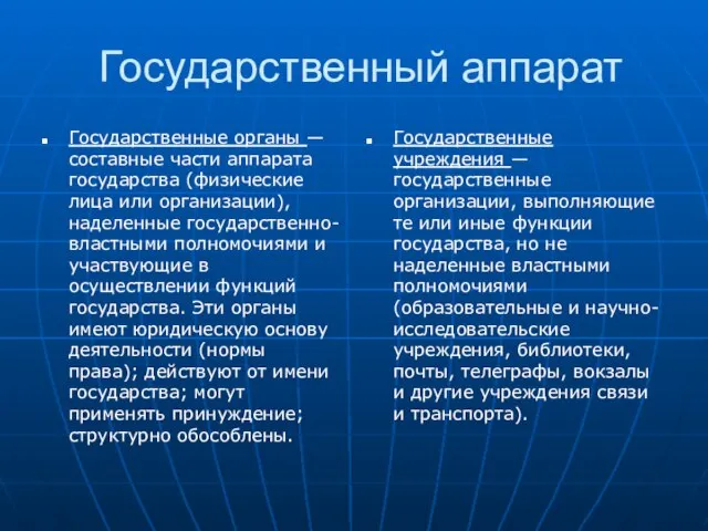 Государственный аппарат Государственные органы — составные части аппарата государства (физические лица или