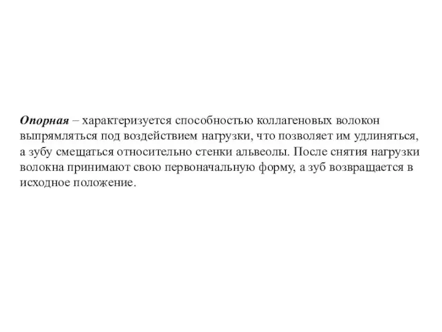 Опорная – характеризуется способностью коллагеновых волокон выпрямляться под воздействием нагрузки, что позволяет