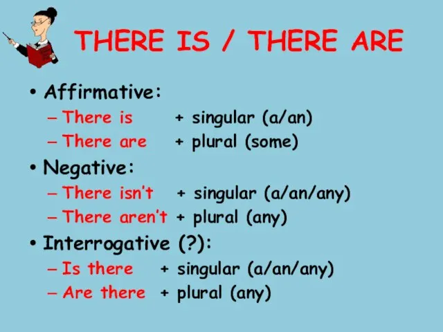 THERE IS / THERE ARE Affirmative: There is + singular (a/an) There