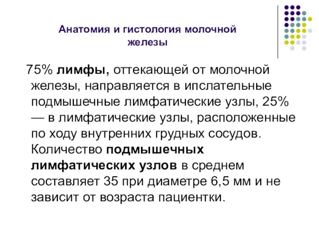 Анатомия и гистология молочной железы 75% лимфы, оттекающей от молочной железы, направляется