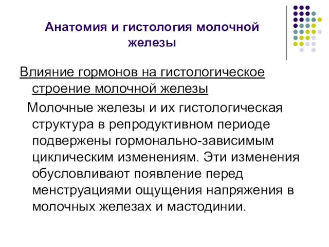 Анатомия и гистология молочной железы Влияние гормонов на гистологическое строение молочной железы