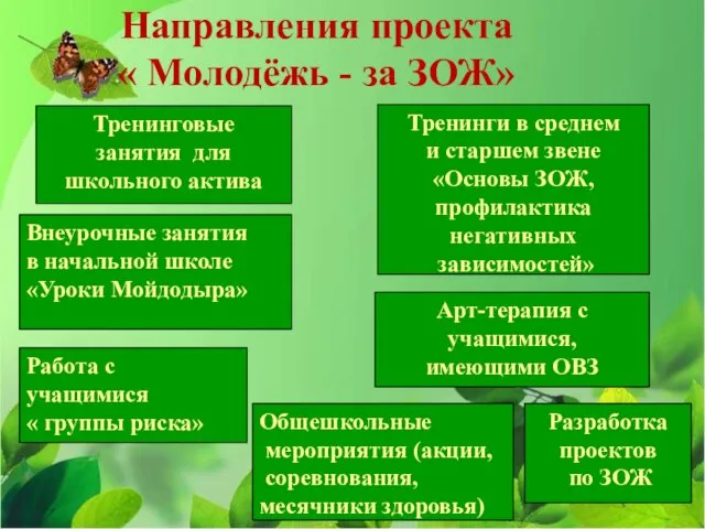 Направления проекта « Молодёжь - за ЗОЖ» Внеурочные занятия в начальной школе