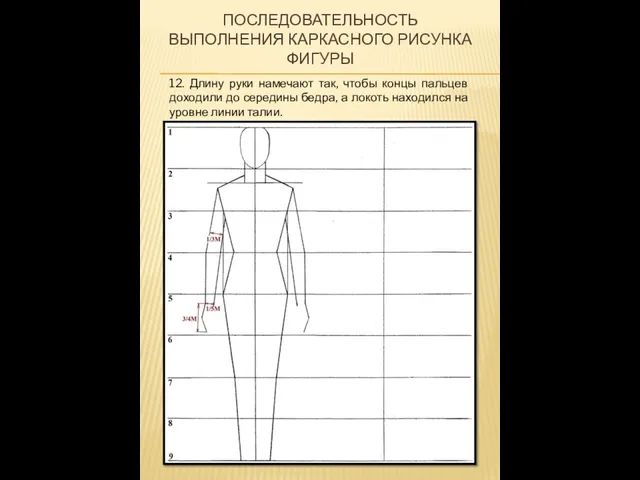 ПОСЛЕДОВАТЕЛЬНОСТЬ ВЫПОЛНЕНИЯ КАРКАСНОГО РИСУНКА ФИГУРЫ 12. Длину руки намечают так, чтобы концы