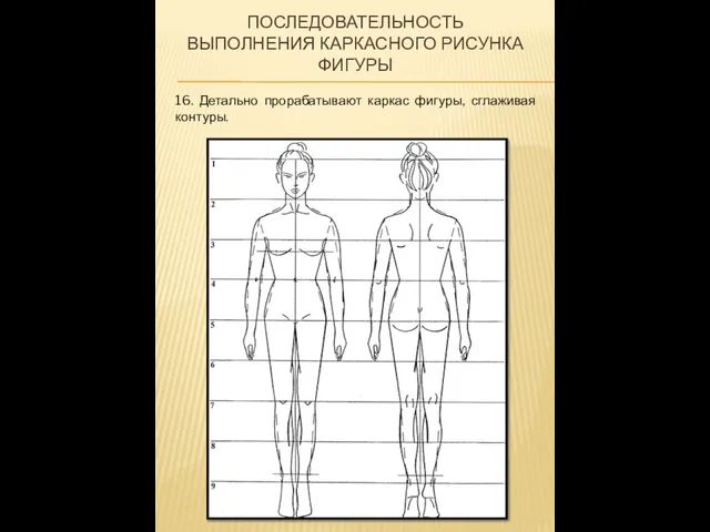 ПОСЛЕДОВАТЕЛЬНОСТЬ ВЫПОЛНЕНИЯ КАРКАСНОГО РИСУНКА ФИГУРЫ 16. Детально прорабатывают каркас фигуры, сглаживая контуры.