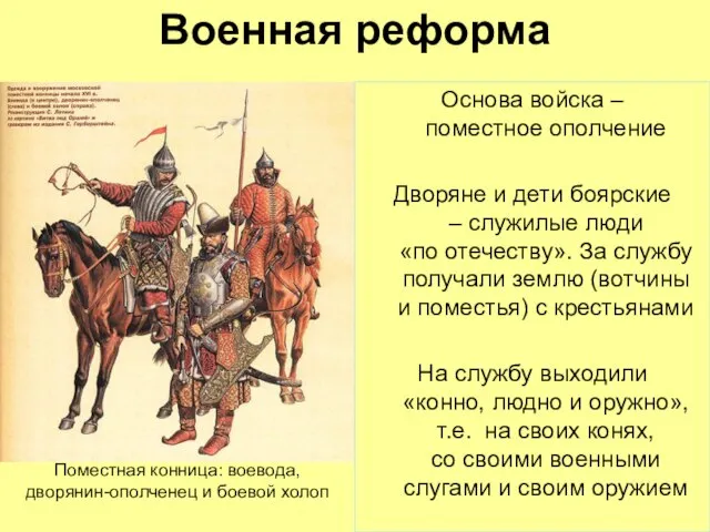 Военная реформа Основа войска – поместное ополчение Дворяне и дети боярские –