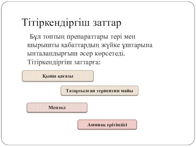 Тітіркендіргіш заттар Бұл топтың препараттары тері мен шырышты қабаттардың жүйке ұштарына ынталандырғыш