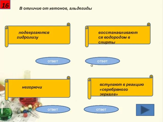 16 В отличие от кетонов, альдегиды подвергаются гидролизу восстанавливаются водородом в спирты