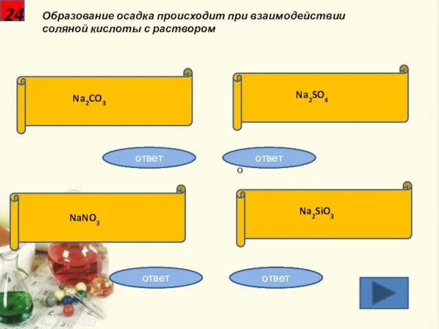 24 Образование осадка происходит при взаимодействии соляной кислоты с раствором Na2CO3 Na2SO4