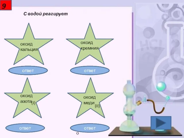 9 С водой реагирует оксид кальция оксид кремния оксид азота (I) оксид