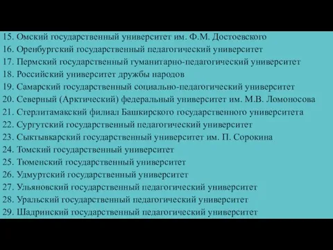 15. Омский государственный университет им. Ф.М. Достоевского 16. Оренбургский государственный педагогический университет