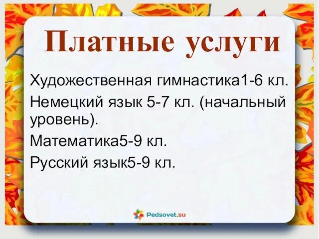 Платные услуги Художественная гимнастика1-6 кл. Немецкий язык 5-7 кл. (начальный уровень). Математика5-9 кл. Русский язык5-9 кл.