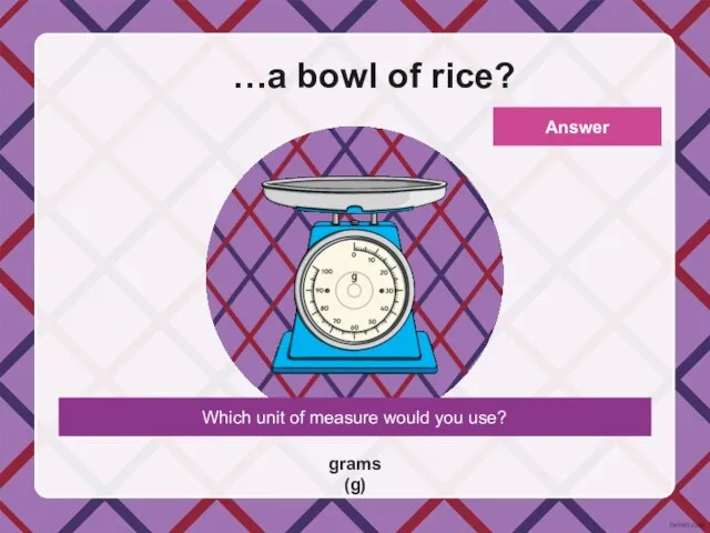 Which unit of measure would you use? …a bowl of rice? grams (g) Answer