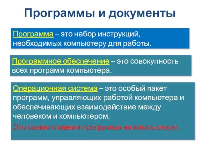 Программы и документы Программа – это набор инструкций, необходимых компьютеру для работы.