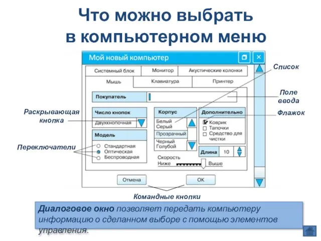 Что можно выбрать в компьютерном меню Диалоговое окно позволяет передать компьютеру информацию