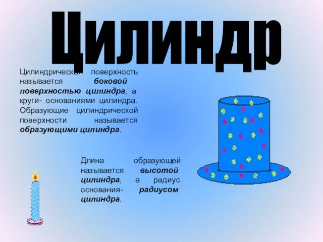 Цилиндр Цилиндрическая поверхность называется боковой поверхностью цилиндра, а круги- основаниями цилиндра. Образующие