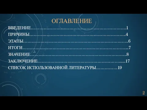 ОГЛАВЛЕНИЕ ВВЕДЕНИЕ………………………………………………………….1 ПРИЧИНЫ…………………………………………………………..4 ЭТАПЫ………………………………………………………………..6 ИТОГИ………………………………………………………………...7 ЗНАЧЕНИЕ…………………………………………………………..8 ЗАКЛЮЧЕНИЕ…………………………………………………......17 СПИСОК ИСПОЛЬЗОВАННОЙ ЛИТЕРАТУРЫ……………19