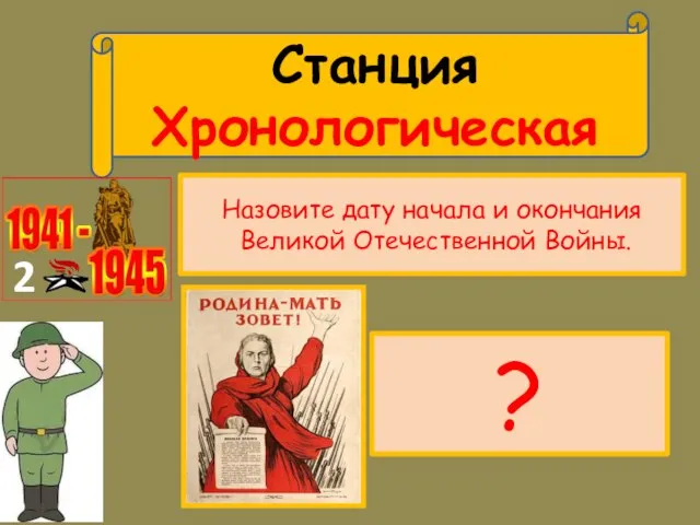 Станция Хронологическая 2 Назовите дату начала и окончания Великой Отечественной Войны. ?