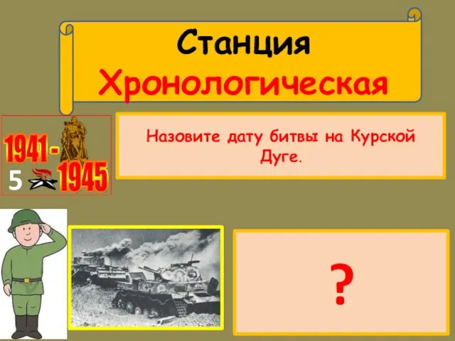 Станция Хронологическая 5 Назовите дату битвы на Курской Дуге. 08.09.1941-27.02.1944г 30.09.1941-20.04.1942г 19.11.1942-2.02.1943 г 05.07-05.08.1943 г ?