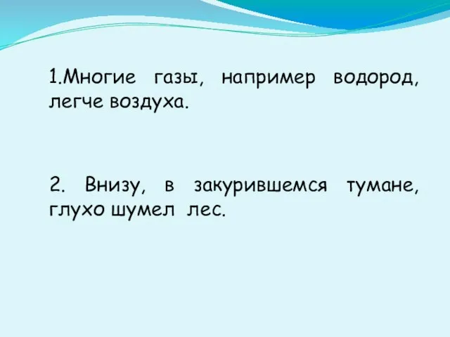 1.Многие газы, например водород, легче воздуха. 2. Внизу, в закурившемся тумане, глухо шумел лес.