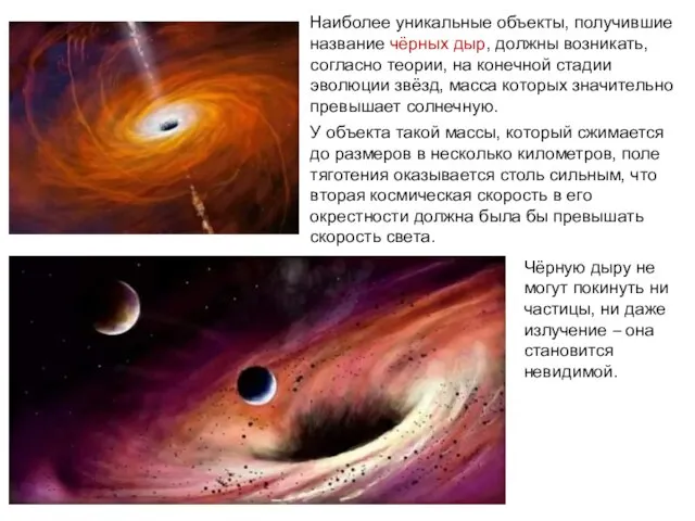 Наиболее уникальные объекты, получившие название чёрных дыр, должны возникать, согласно теории, на