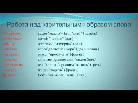 Работа над «зрительным» образом слова бутерброд вермишель компас корзина пассажир спасибо телеграмма