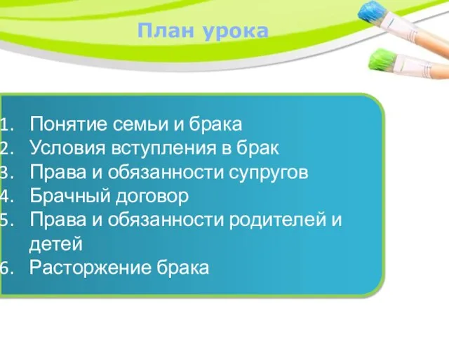 План урока Понятие семьи и брака Условия вступления в брак Права и