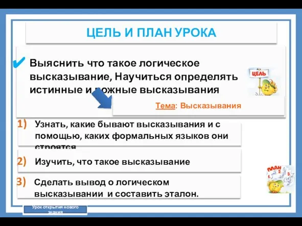 ЦЕЛЬ И ПЛАН УРОКА Выяснить что такое логическое высказывание, Научиться определять истинные