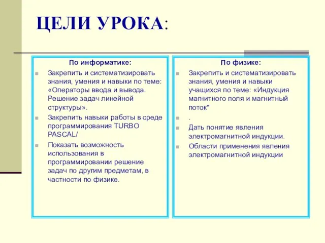 ЦЕЛИ УРОКА: По информатике: Закрепить и систематизировать знания, умения и навыки по