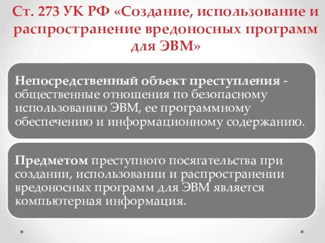 Ст. 273 УК РФ «Создание, использование и распространение вредоносных программ для ЭВМ»