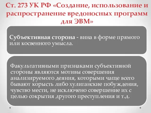 Ст. 273 УК РФ «Создание, использование и распространение вредоносных программ для ЭВМ»