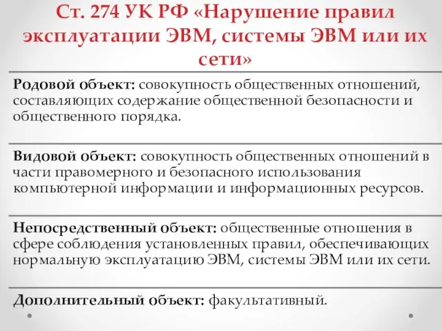 Ст. 274 УК РФ «Нарушение правил эксплуатации ЭВМ, системы ЭВМ или их сети»