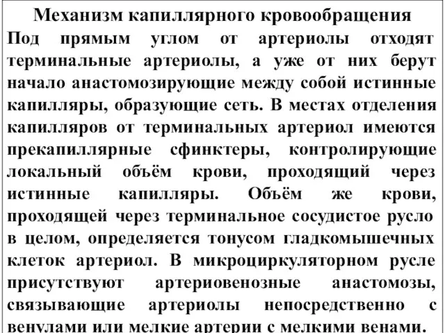 Механизм капиллярного кровообращения Под прямым углом от артериолы отходят терминальные артериолы, а