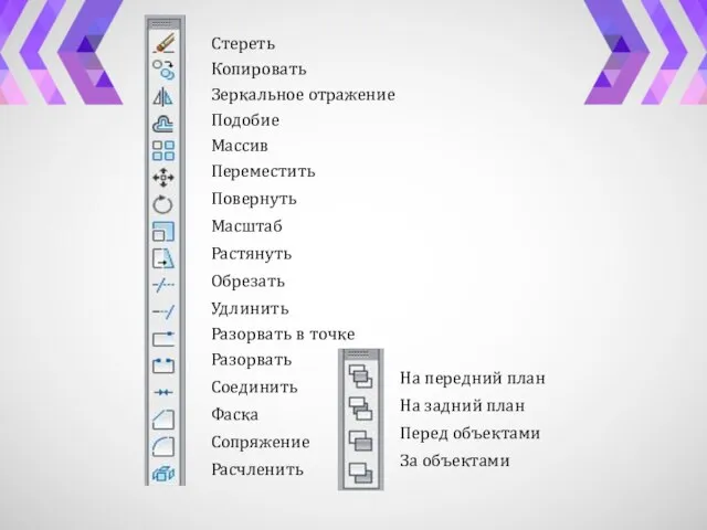 Стереть Копировать Зеркальное отражение Подобие Массив Переместить Повернуть Масштаб Растянуть Обрезать Удлинить