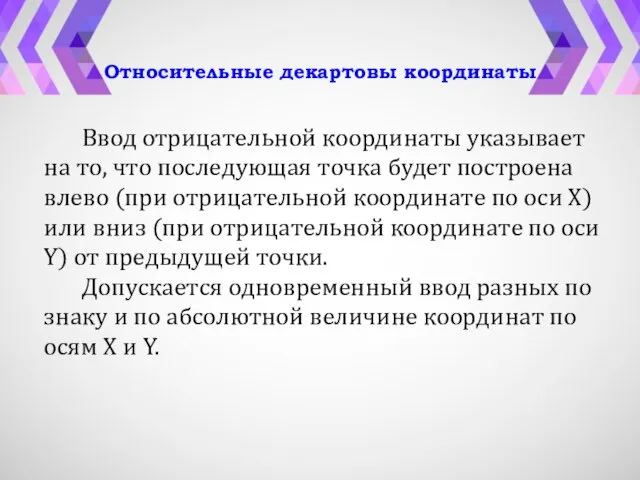 Относительные декартовы координаты Ввод отрицательной координаты указывает на то, что последующая точка