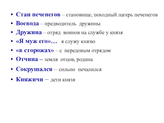 Стан печенегов – становище, походный лагерь печенегов Воевода – предводитель дружины Дружина