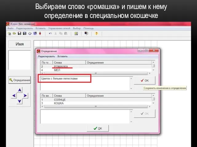 Выбираем слово «ромашка» и пишем к нему определение в специальном окошечке