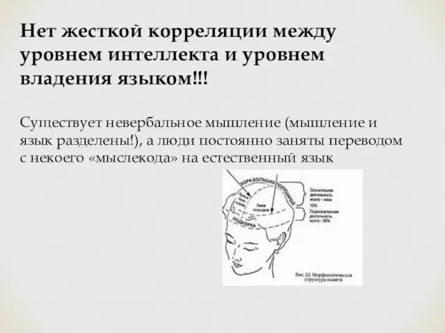 Нет жесткой корреляции между уровнем интеллекта и уровнем владения языком!!! Существует невербальное