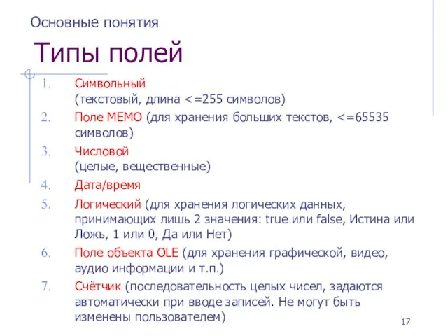 Типы полей Символьный (текстовый, длина Поле MEMO (для хранения больших текстов, Числовой