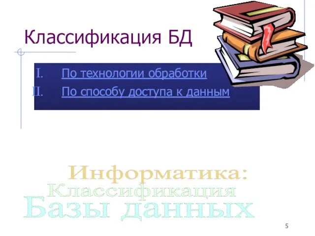 Классификация БД По технологии обработки По способу доступа к данным Базы данных Классификация Информатика: